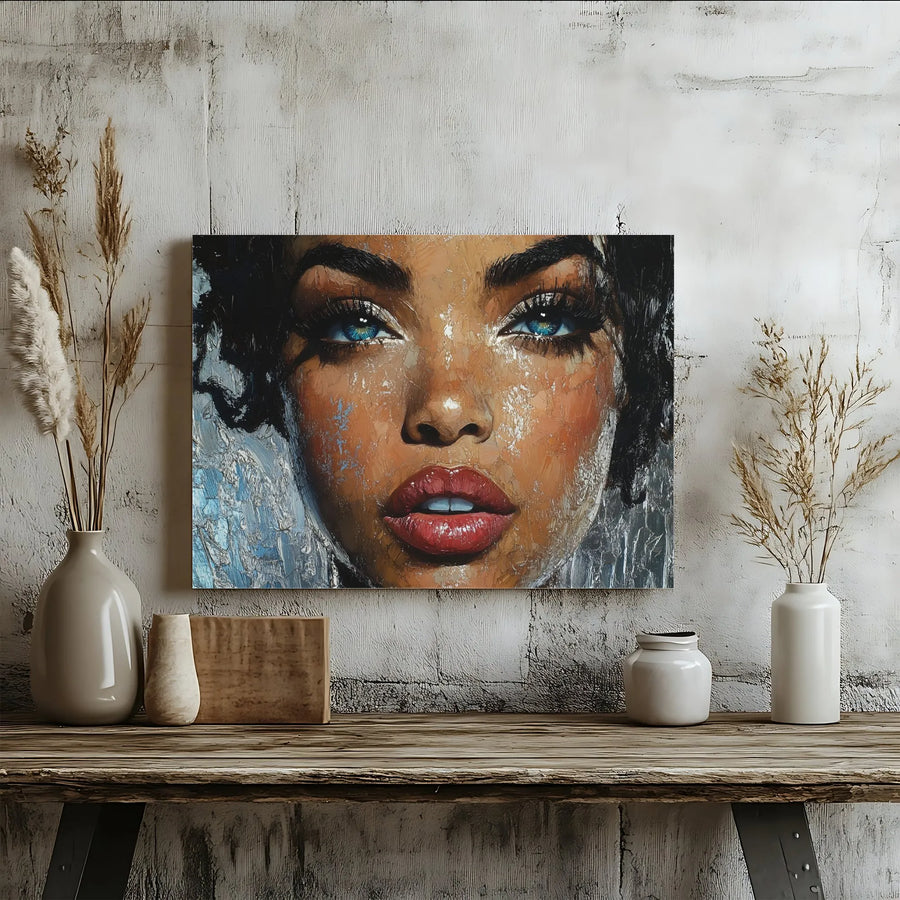 Abstract Black Woman Portrait Canvas | Striking Blue Eyes Impasto Art | 1.25 Inch Gallery Wrap | Modern Home Office Decor Gift