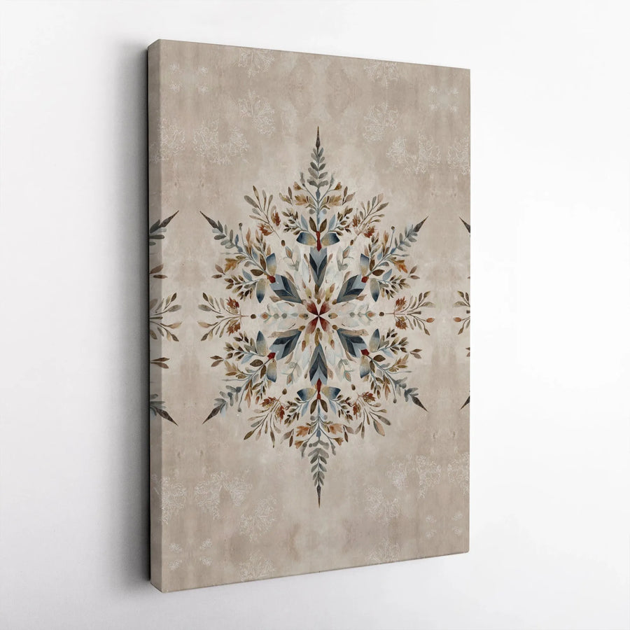 Rustic Botanical Mandala Canvas Art | Watercolor Leaf Snowflake Print | Premium Framed Wall Decor | Modern Farmhouse Living Room Gift
