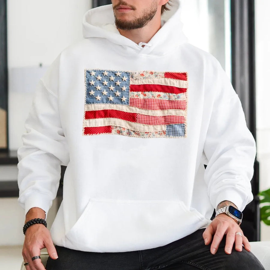 Retro American Flag Hoodie | Faux Patchwork USA Graphic | Premium Cotton Blend | Patriotic Gift for Independence Day