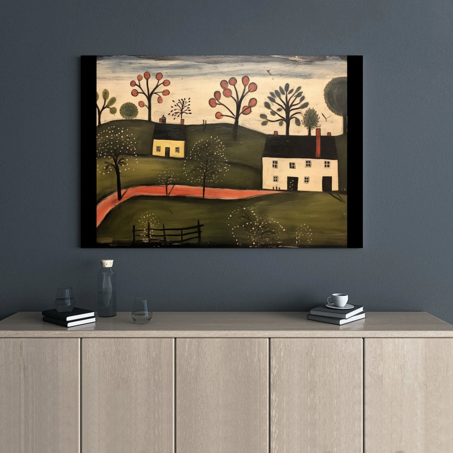 Primitive Folk Art Landscape Canvas | Countryside House Wall Decor | 1.25-Inch Gallery Wrap Print | Farmhouse Aesthetic Gift for Home