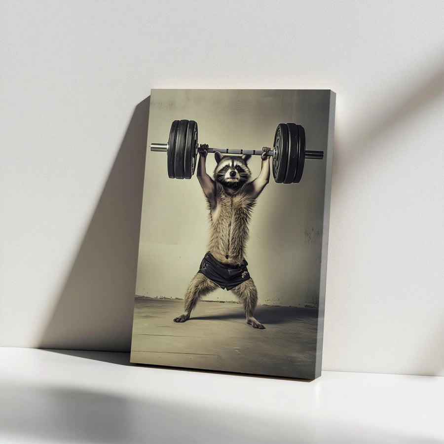 Raccoon Weightlifting Canvas Print | Funny Gym Workout Wall Art | Gallery Wrapped Premium Decor | Gift for Powerlifters and Bodybuilders