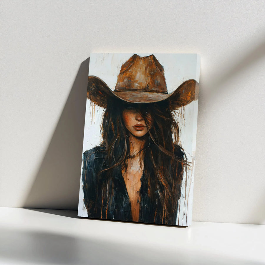 Western Cowgirl Canvas Wall Art | Expressive Woman In Hat Painting | Premium Gallery Wrapped Print | Modern Farmhouse Decor Gift