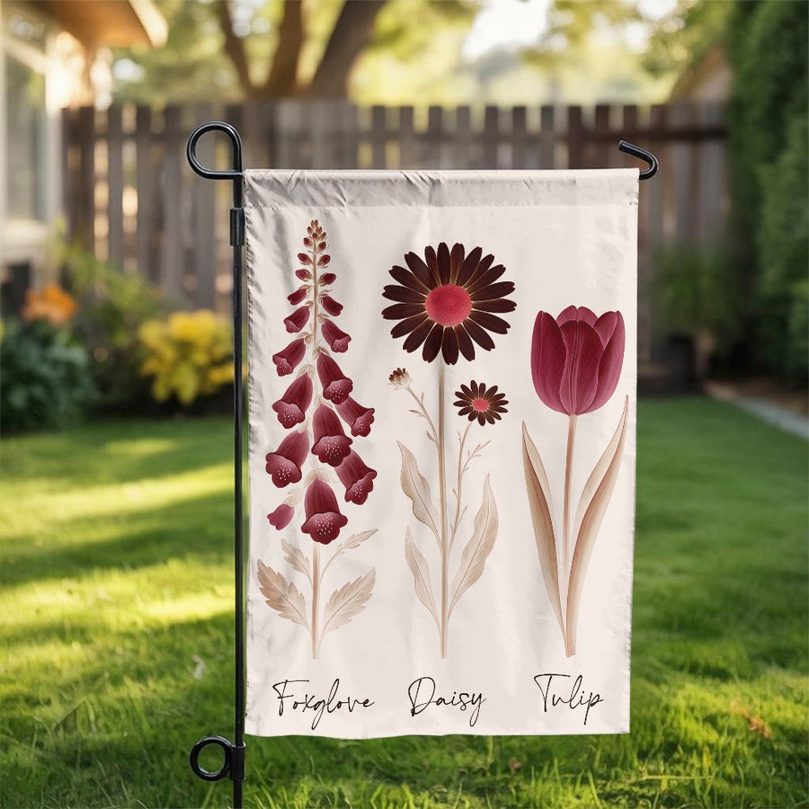 Floral Garden Flag | Foxglove Daisy Tulip Botanical Print | Weather-Resistant Premium Polyester | Housewarming Gift & Outdoor Yard Decor