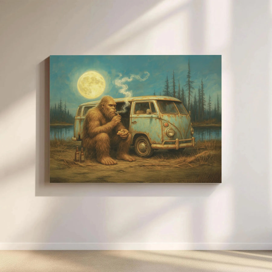 Bigfoot Smoking Pipe Wall Art | Rustic Vintage Van Full Moon Landscape | Premium Gallery-Wrapped Canvas | Unique Forest Cabin Home Decor Gift