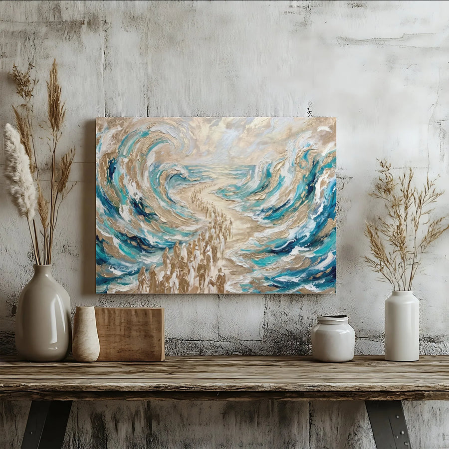 Parting of the Red Sea Horizontal Canvas | Abstract Textured Gold & Teal Waves Art | Premium 1.25 Inch Gallery Wrap | Inspirational Christian Home Decor Gift