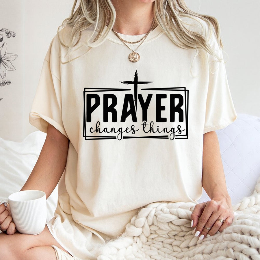Prayer Changes Things T-Shirt | Minimalist Cross Religious Graphic | 100% Cotton Premium Tee | Faith-Based Inspirational Christian Gift