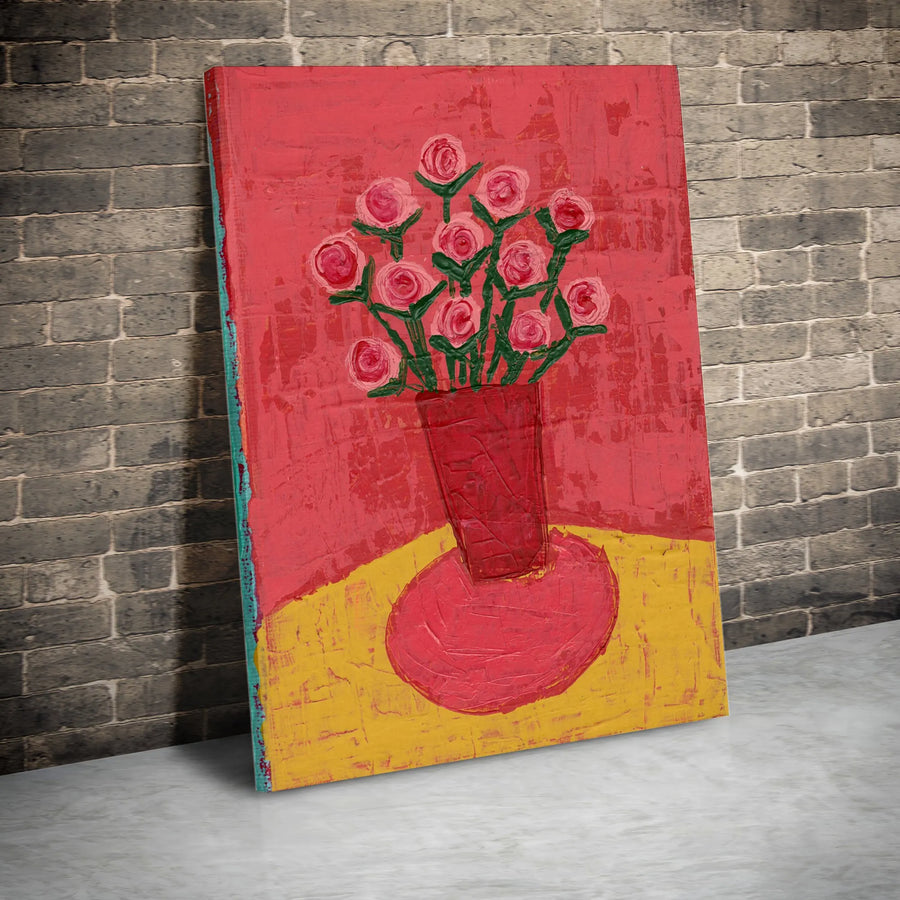 Pink Roses Vase Vertical Canvas | Textured Impressionist Flower Oil Painting Design | Premium 1.25" Gallery Wrap | Vibrant Botanical Art Gift for Living Room Decor