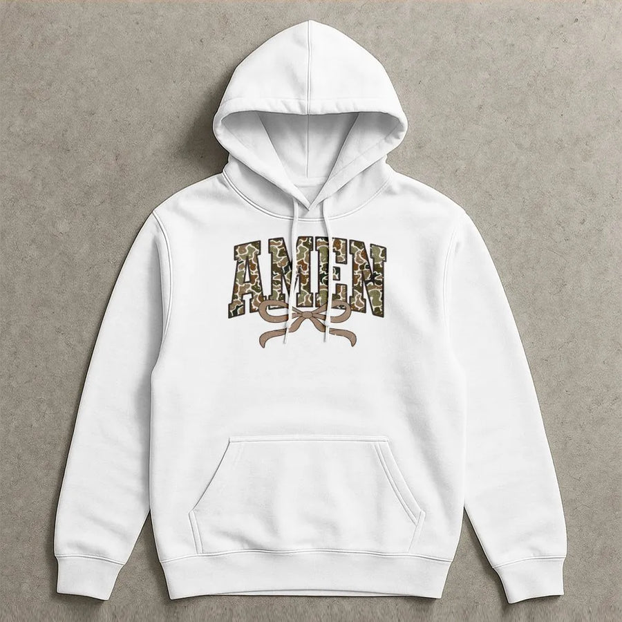 Amen Camo Bow Hoodie | Coquette Aesthetic Christian Sweatshirt | Premium Cotton Blend | Faith-Inspired Gift For Her