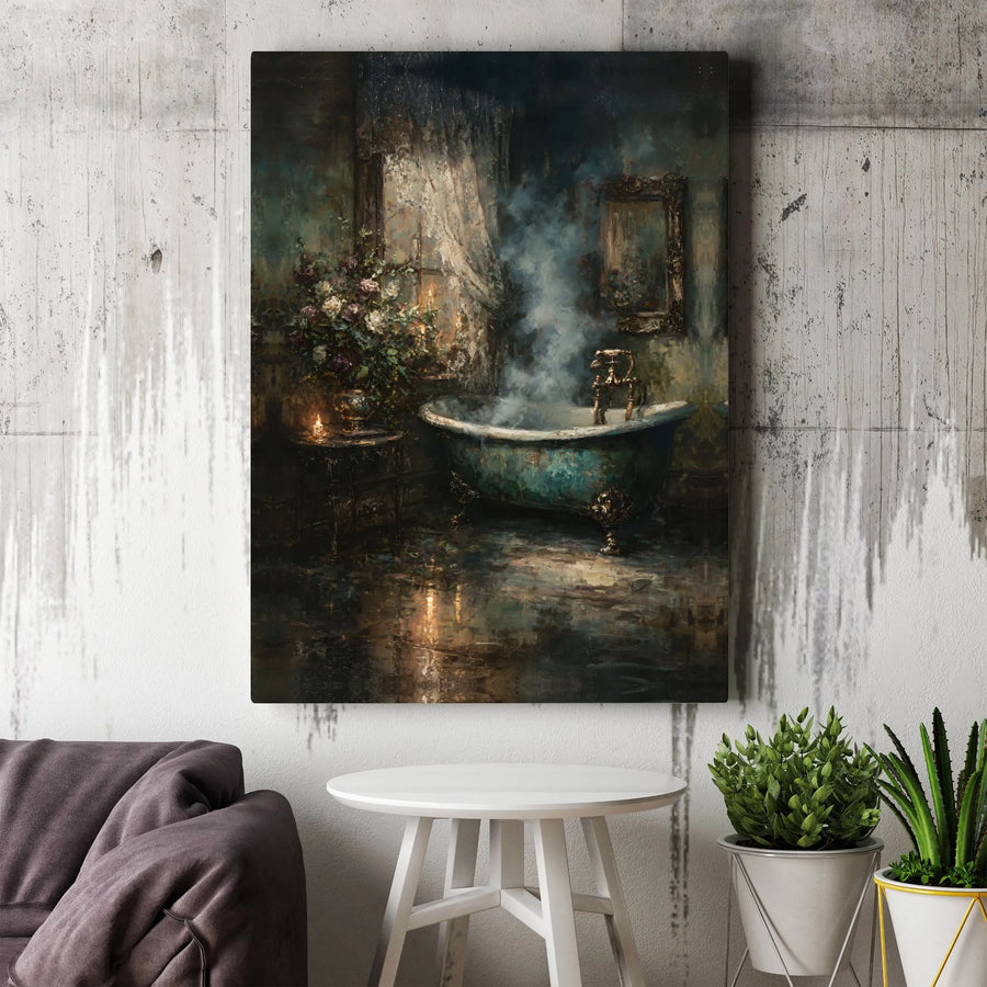 Vintage Clawfoot Bathtub Canvas Art | Moody Botanical Bathroom Wall Decor | Premium Gallery Wrap Print | Romantic Victorian Gift For Home
