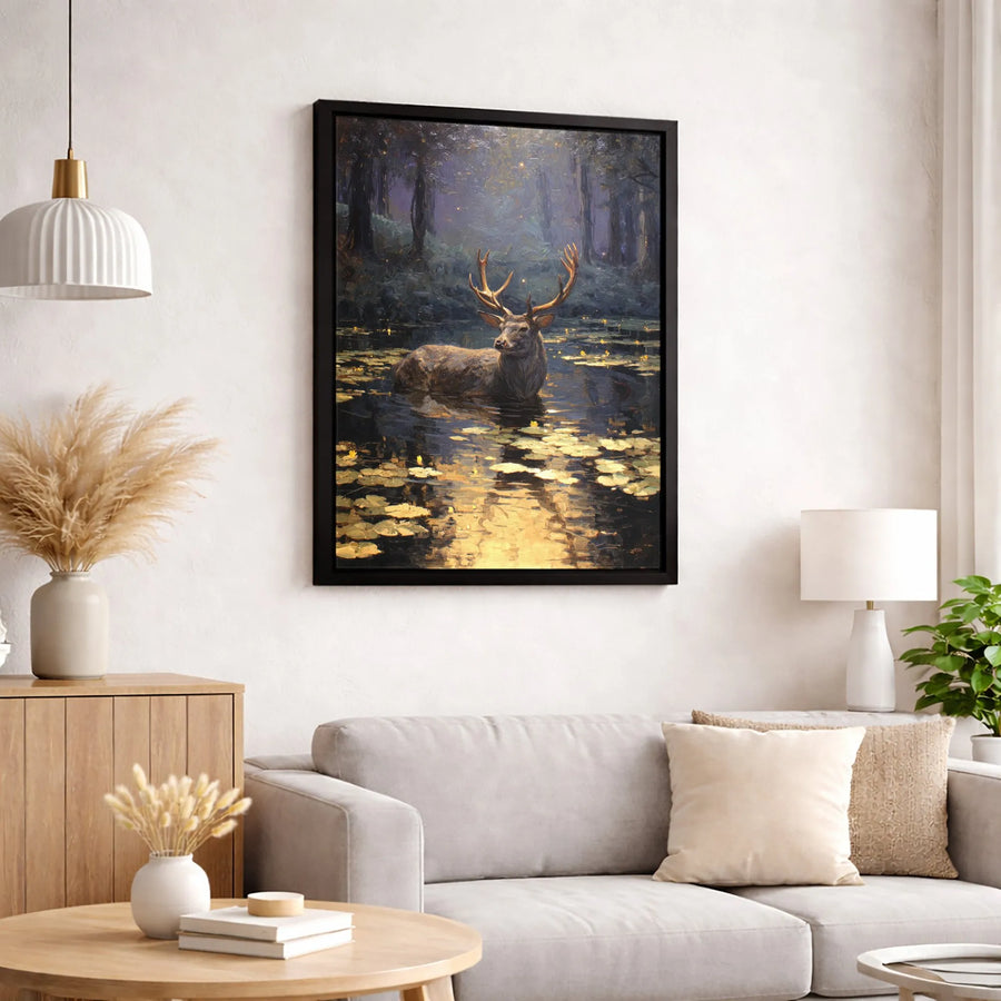 Majestic Deer Canvas Wall Art | Mystical Forest Pond Oil Painting Style | Premium Fade-Resistant 1.25 Inch Profile | Nature Lover Home Decor Gift