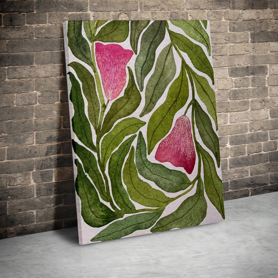 Watercolor Floral Canvas Print | Botanical Green Leaf & Pink Flower Art | Premium Gallery Wrapped Wall Decor | Limited Edition Gift for Home