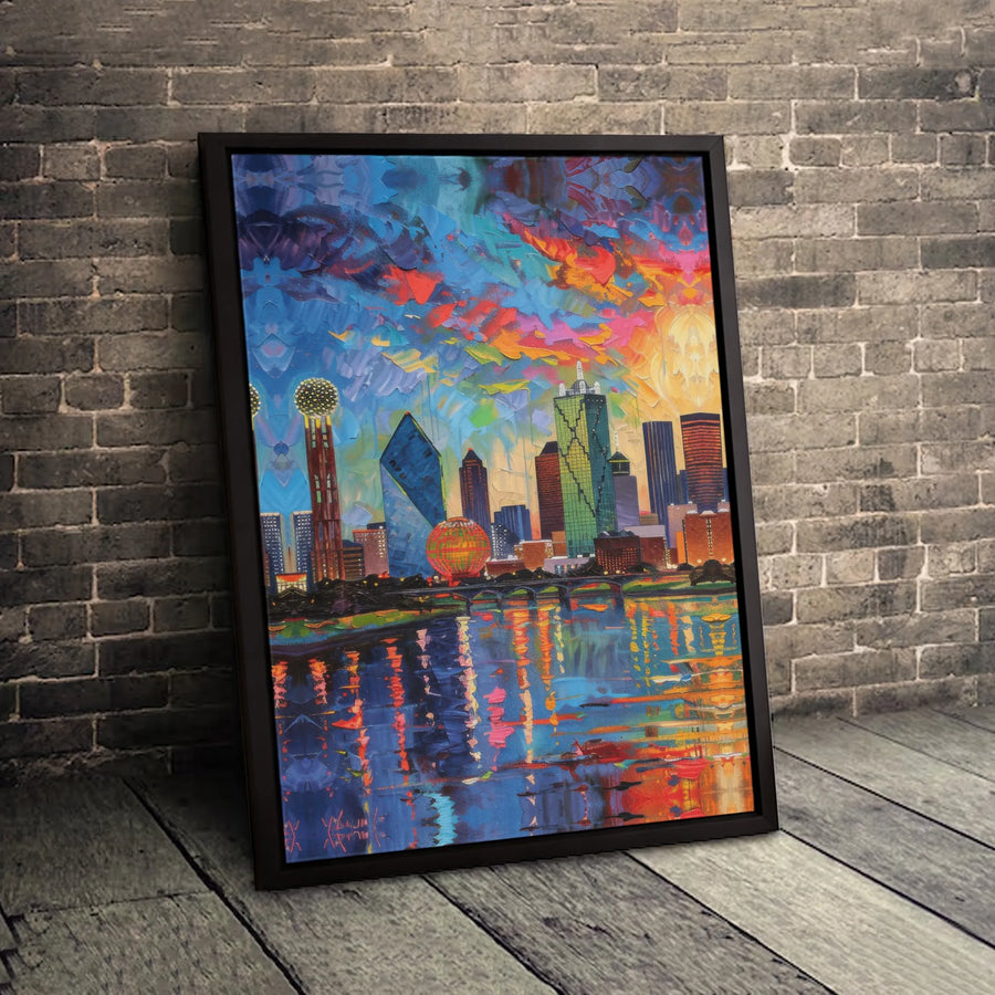 Dallas Texas Skyline Wall Art | Colorful Impasto Reunion Tower Canvas | 1.25" Premium Gallery Wrapped Print | Modern Cityscape Home Decor Gift