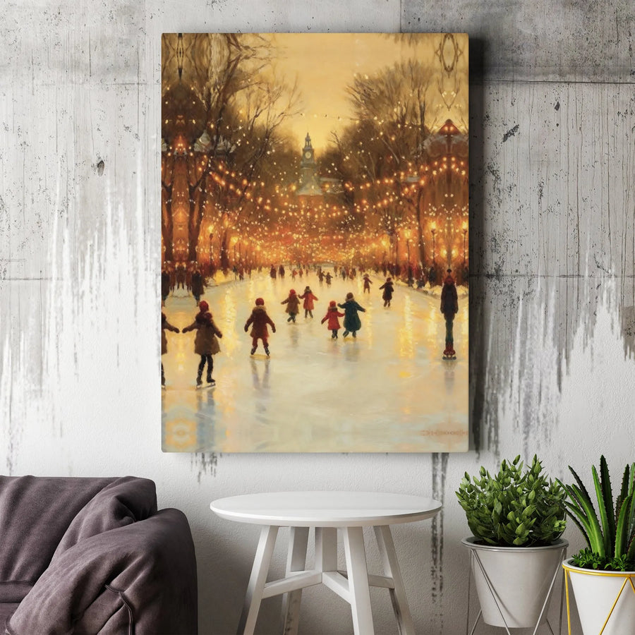 Winter Ice Skating Canvas Art | Whimsical Night Park With Fairy Lights | Premium Gallery Wrap Wall Decor | Festive Holiday Home Living Room Gift