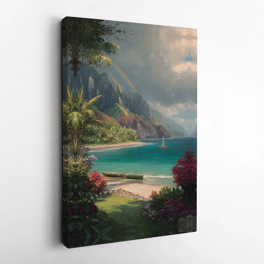 Tropical Beach Canvas Wall Art | Na Pali Coast Seascape with Rainbow | Premium Gallery Wrap Print | Coastal Home Decor for Living Room