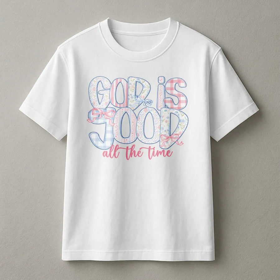 God Is Good All The Time T-Shirt | Pastel Floral Bow Print | Premium Soft Cotton | Inspirational Christian Gift for Women