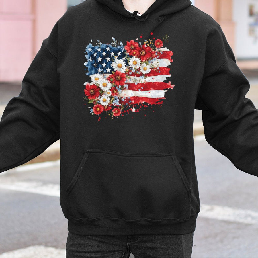 Floral American Flag Hoodie | Watercolor Patriotic Flowers Graphic | Soft Cotton-Blend Premium Quality | 4th of July Outfit for Women