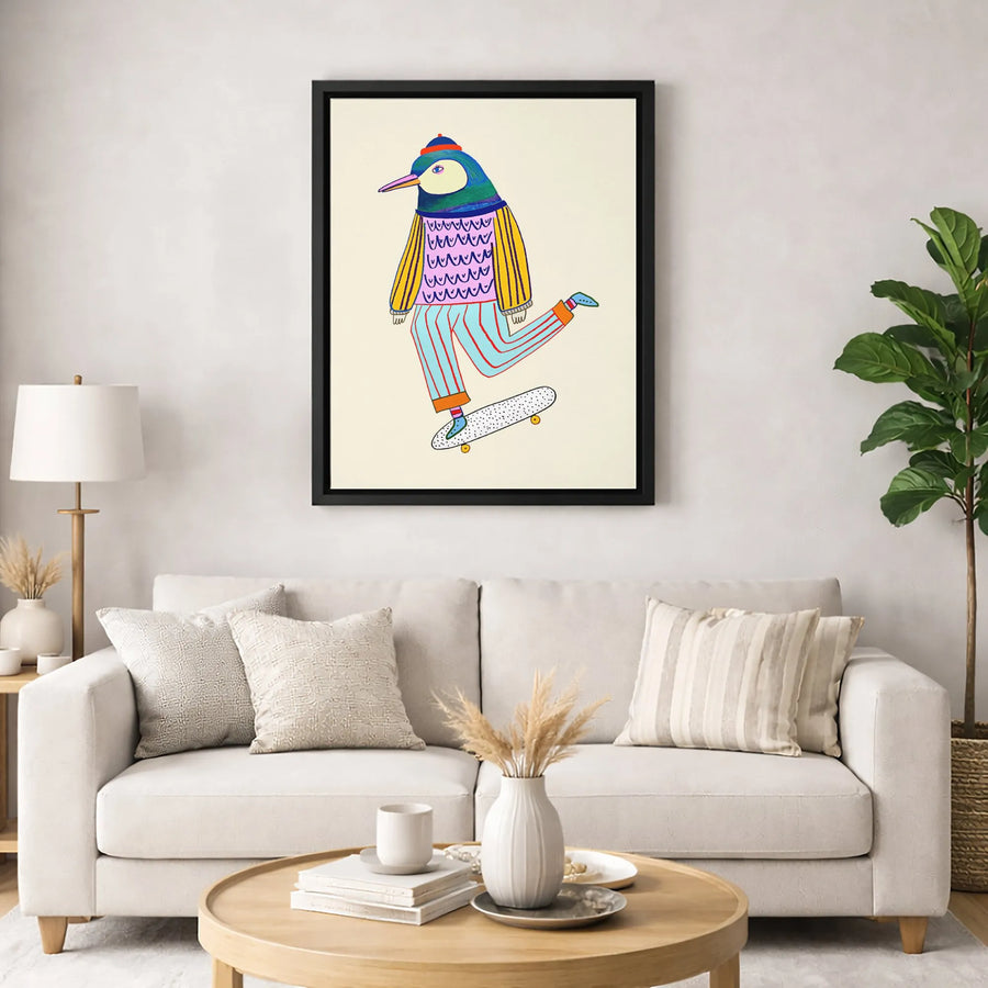 Skater Bird Wall Art | Quirky Animal Illustration | Premium Gallery Canvas | Modern Home Decor Gift