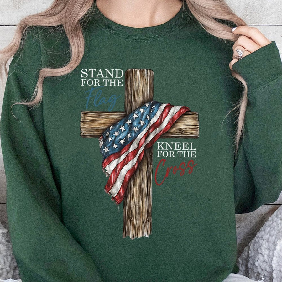Stand For The Flag Kneel For The Cross Sweatshirt | Patriotic American Flag & Religious Wood Cross Design | Premium Cotton Blend | Faith & Country Gift for Him or Her