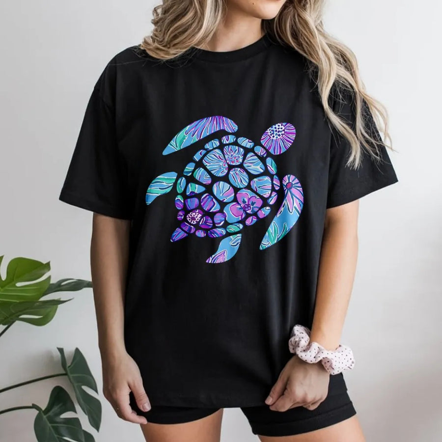 Floral Sea Turtle T-Shirt | Trendy Watercolor Tortoise Graphic | Cozy Cotton Blend Pullover | Ocean Conservation Gift for Her