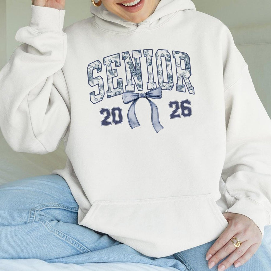 Senior 2026 Hoodie | Coquette Blue Toile Bow Aesthetic | Cotton-Polyester Premium Blend | Graduation Gift for Her