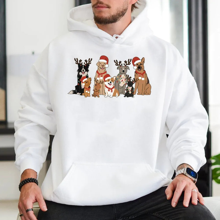 Christmas Dogs Hoodie | Festive Reindeer Dog Graphic Print | Premium Cotton Blend Sweatshirt | Cute Gift for Dog Mom & Dog Lover