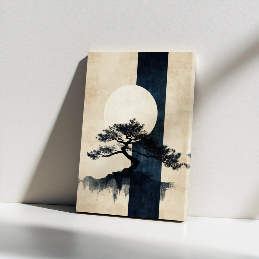 Zen Bonsai Tree Wall Art | Minimalist Japanese Sun Silhouette | Premium Gallery Wrapped Canvas | Modern Home Office Decor Gift