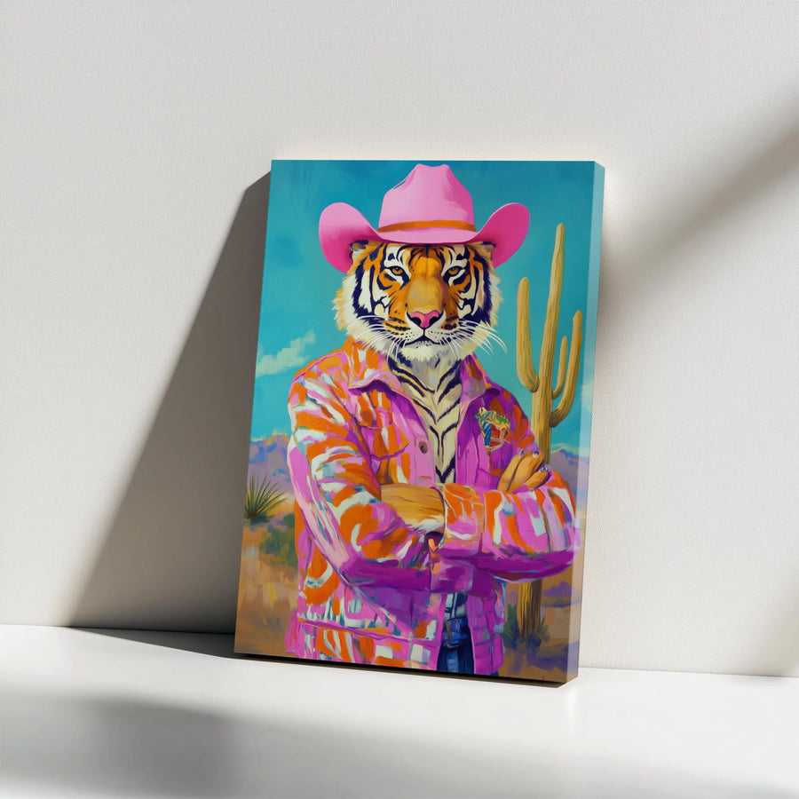 Tiger Cowboy Wall Art | Pink Western Desert Cactus Decor | Premium Gallery Wrapped Canvas | Eclectic Maximalist Gift for Home Office