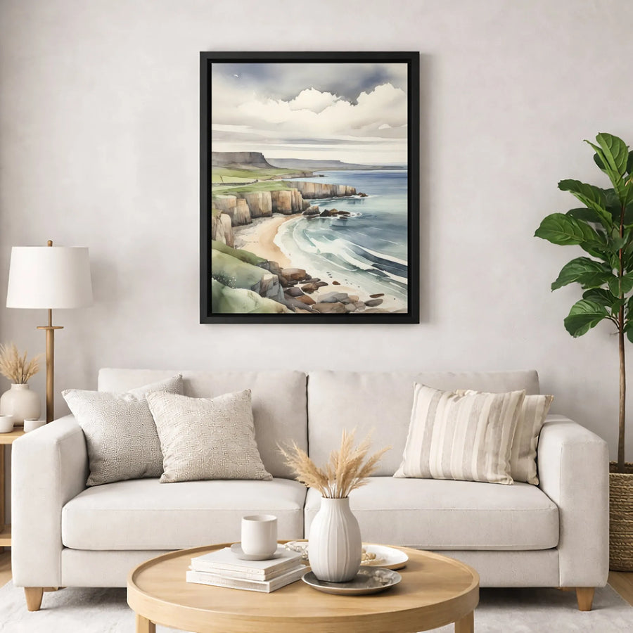 Coastal Cliff Seascape Canvas Print | Watercolor Ocean Landscape Wall Art | Premium Fade-Resistant Gallery Wrap | Modern Beach Home Decor Gift