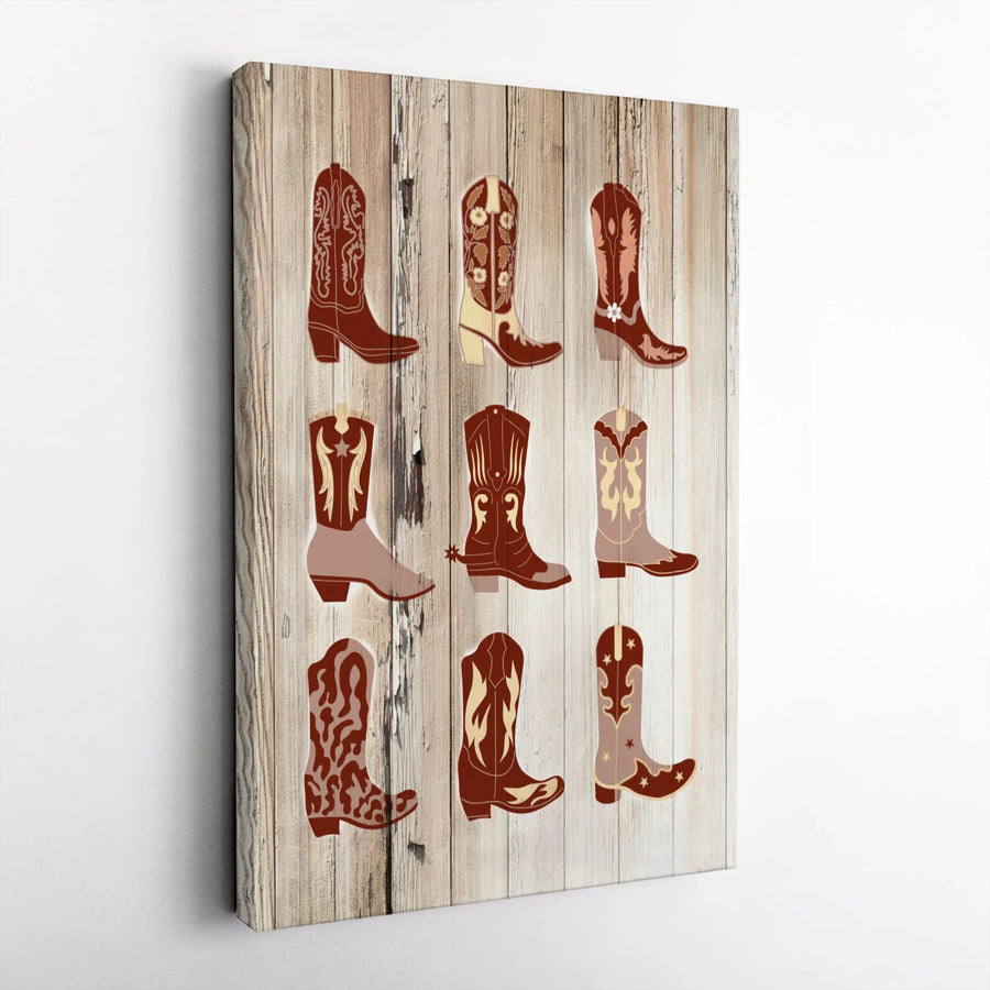 Western Cowboy Boots Canvas Wall Art | Rustic Farmhouse Wood Print | Premium Gallery Wrap Decor | Country Home Decor Gift for Cowgirl