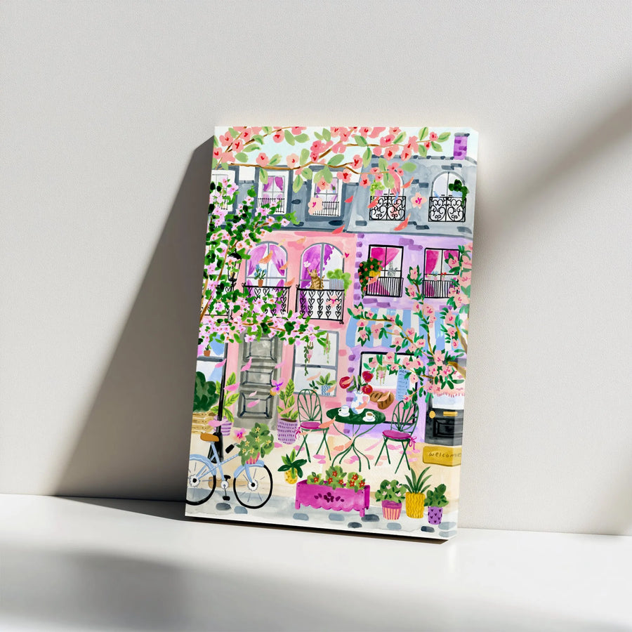 Cherry Blossom Cafe Canvas Wall Art | Watercolor Parisian Street Scene | Premium Gallery-Wrapped Canvas | Living Room Decor Gift for Her