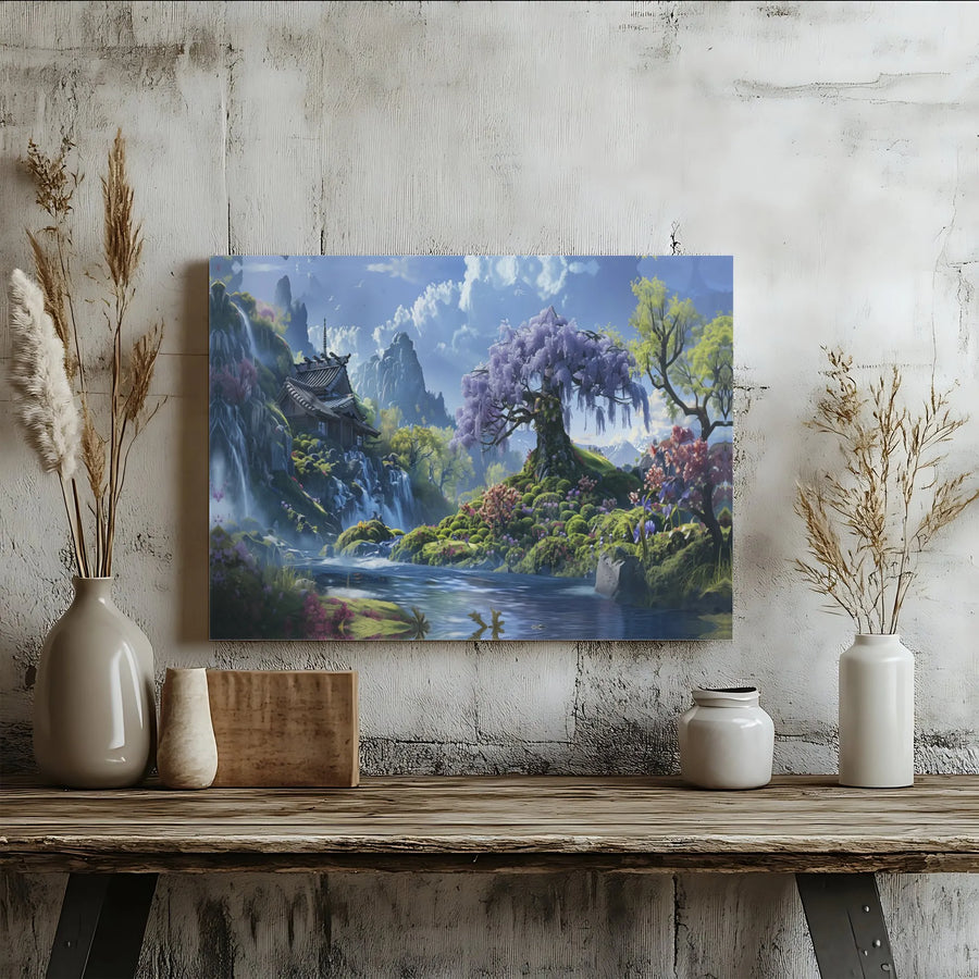 Japanese Garden Canvas Art | Wisteria Tree & Temple Waterfall | Premium Thick Gallery Wrap | Zen Meditation Room Decor Gift