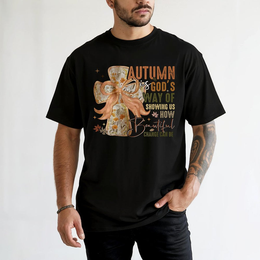 Autumn Is Gods Way Floral Cross T-Shirt | Retro Fall Aesthetic Bow Design | 100% Cotton Premium Comfort | Religious Thanksgiving Gift for Her