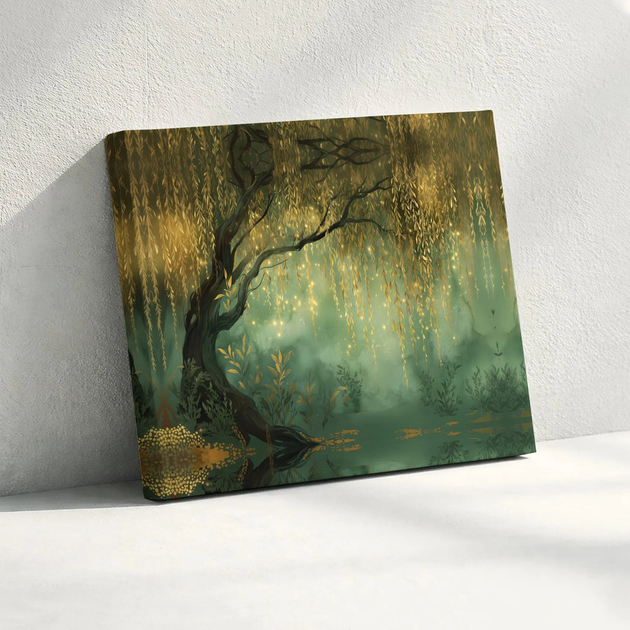 Enchanted Willow Tree Horizontal Canvas | Mystical Glowing Forest Landscape Art | Premium 1.25" Gallery Wrap | Magical Nature Wall Decor Gift for Living Room