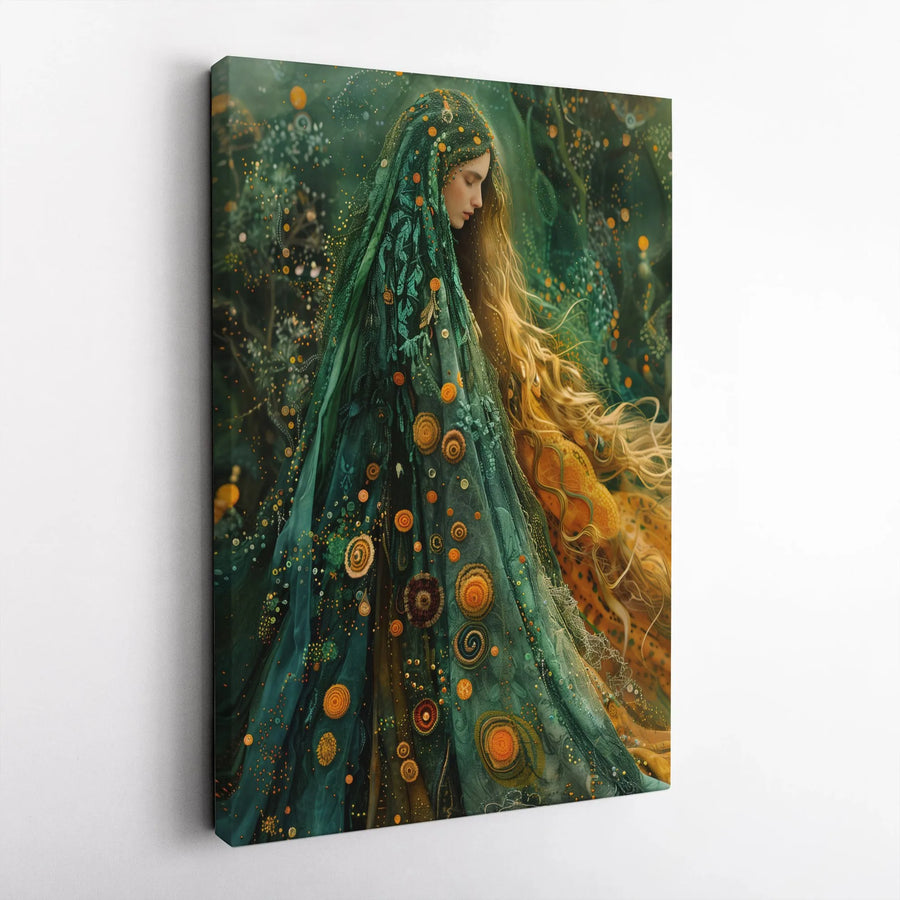 Ethereal Forest Goddess Canvas Wall Art | Mystical Woman in Green Cloak | Premium Gallery Wrap Print | Fantasy Home Decor Gift