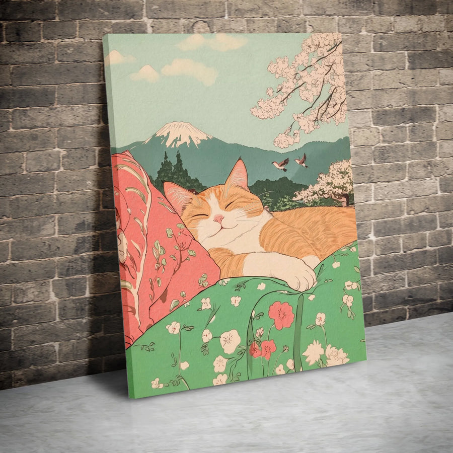 Japanese Cat Art Vertical Canvas | Sleeping Ginger Cat with Mount Fuji & Sakura | Premium Gallery Print | Cat Lover Gift for Home Decor