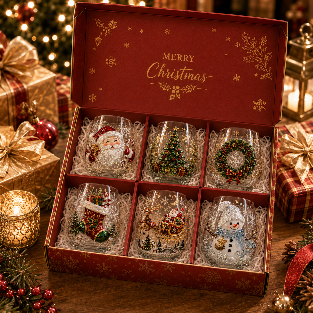 All six glasses seated in an open red gift box printed with Merry Christmas.