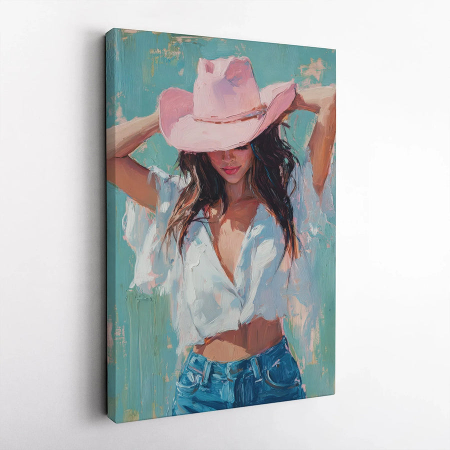 Cowgirl Canvas Wall Art | Impressionist Woman in Pink Hat Painting | Premium Gallery Wrapped Print | Modern Boho Western Home Decor Gift