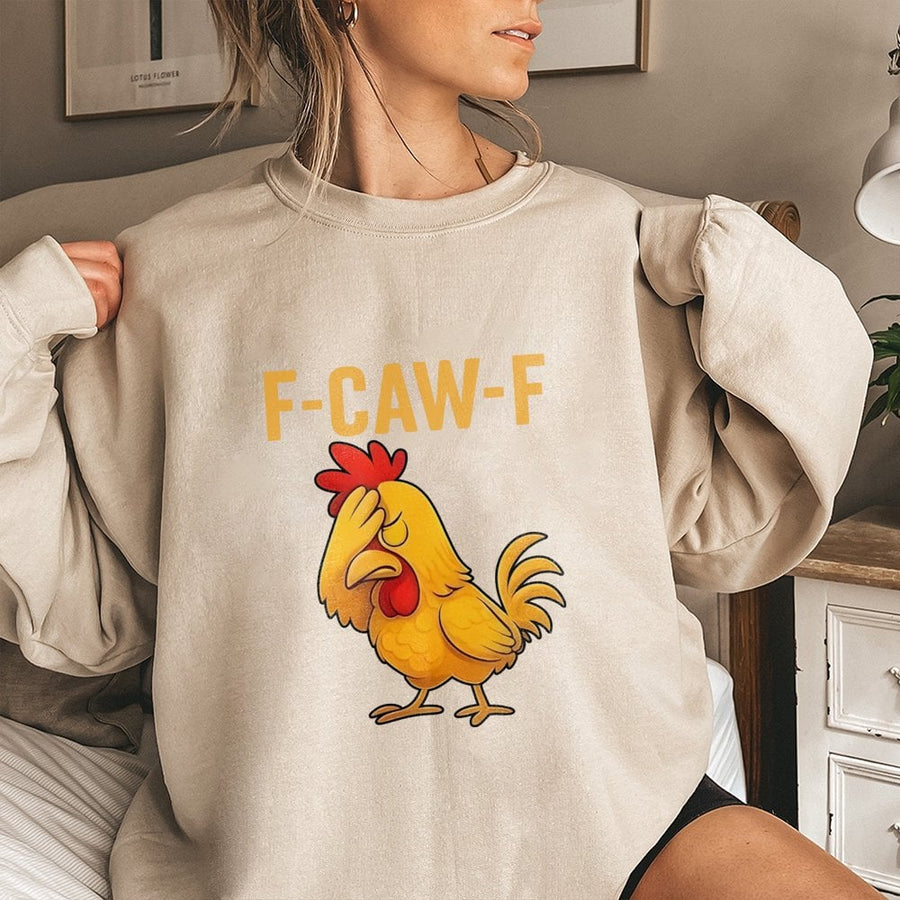 F-Caw-F Chicken Sweatshirt | Funny Facepalm Rooster Meme Design | Premium Cotton Blend Crewneck | Humorous Gift for Farm Animal Lovers