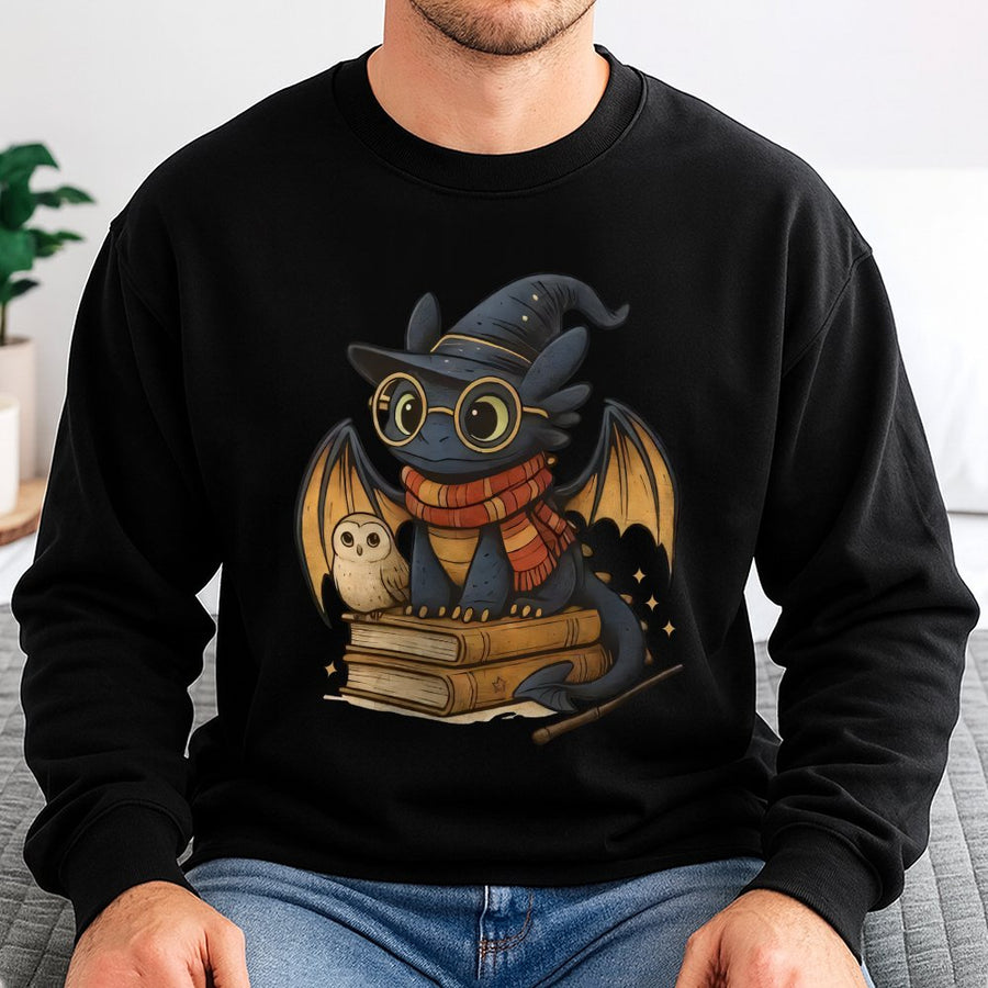 Wizard Dragon Sweatshirt | Cute Fantasy Creature Reading Books | Soft Cotton Blend Graphic Crewneck | Book Lover Gift for Men Women
