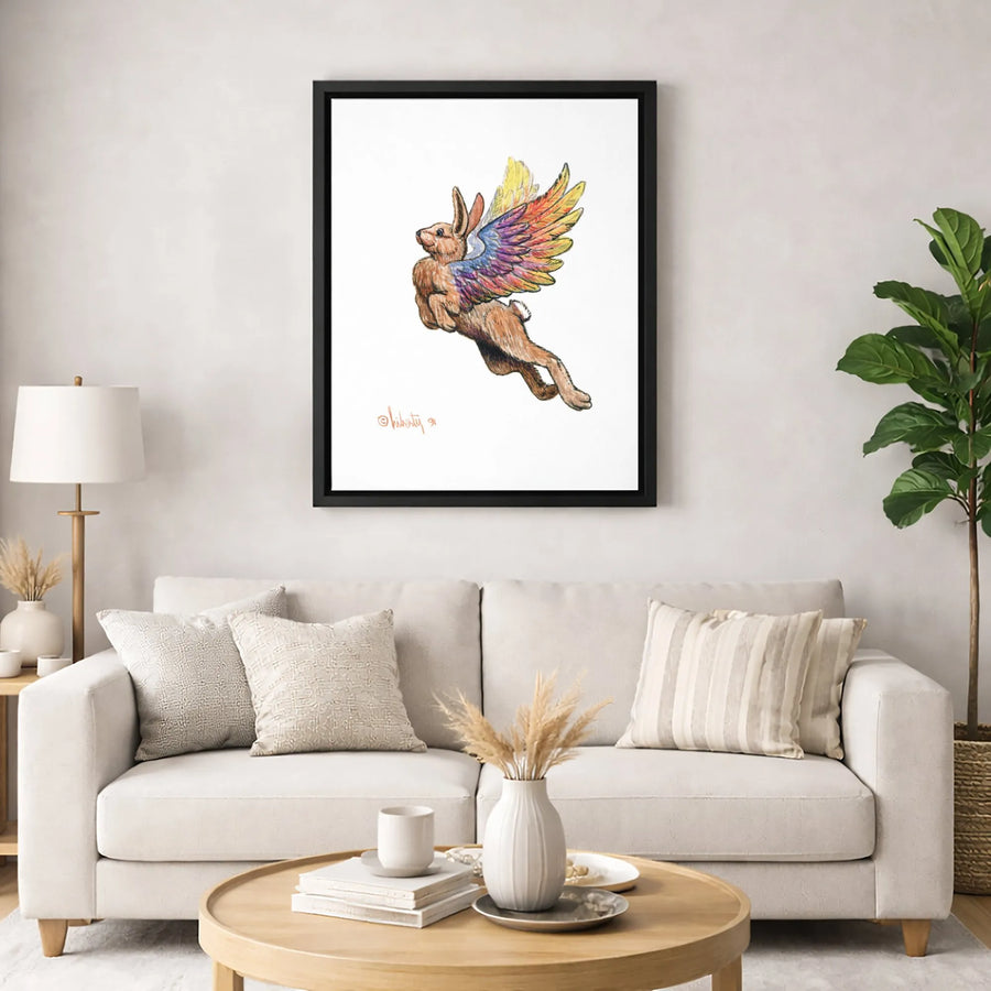 Flying Rabbit Wall Art | Rainbow Winged Bunny Fantasy Canvas | Gallery Quality 1.25 Inch Profile | Whimsical Nursery or Home Decor Gift