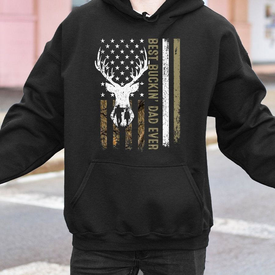 Best Buckin Dad Ever Hoodie | Camo Deer American Flag Graphic | Premium Cotton Blend | Funny Hunter Father's Day 2026 Gift
