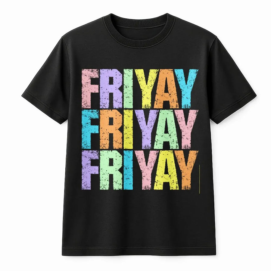 Happy Friyay T-Shirt | Retro Colorful Graphic Pullover | Soft Cotton-Polyester Blend | Funny Elementary Teacher Gift