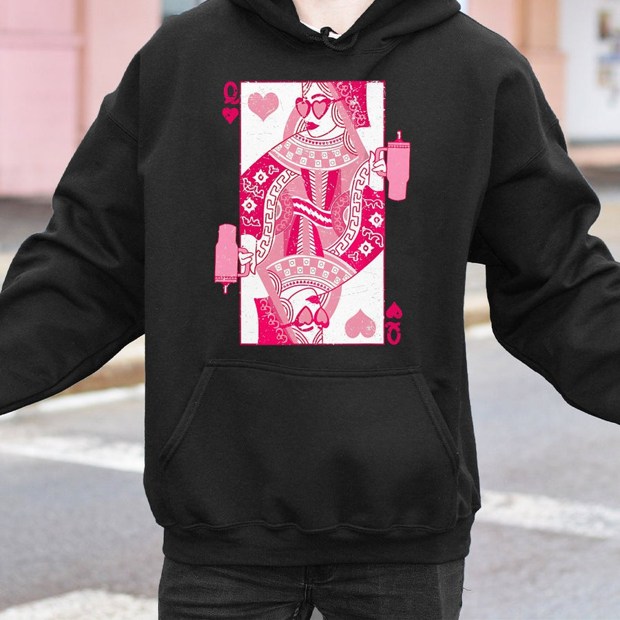 Queen Of Hearts Hoodie | Retro Playing Card Graphic With Tumbler | Soft Cotton-Blend Pullover | Aesthetic Valentine’s Day Gift For Her