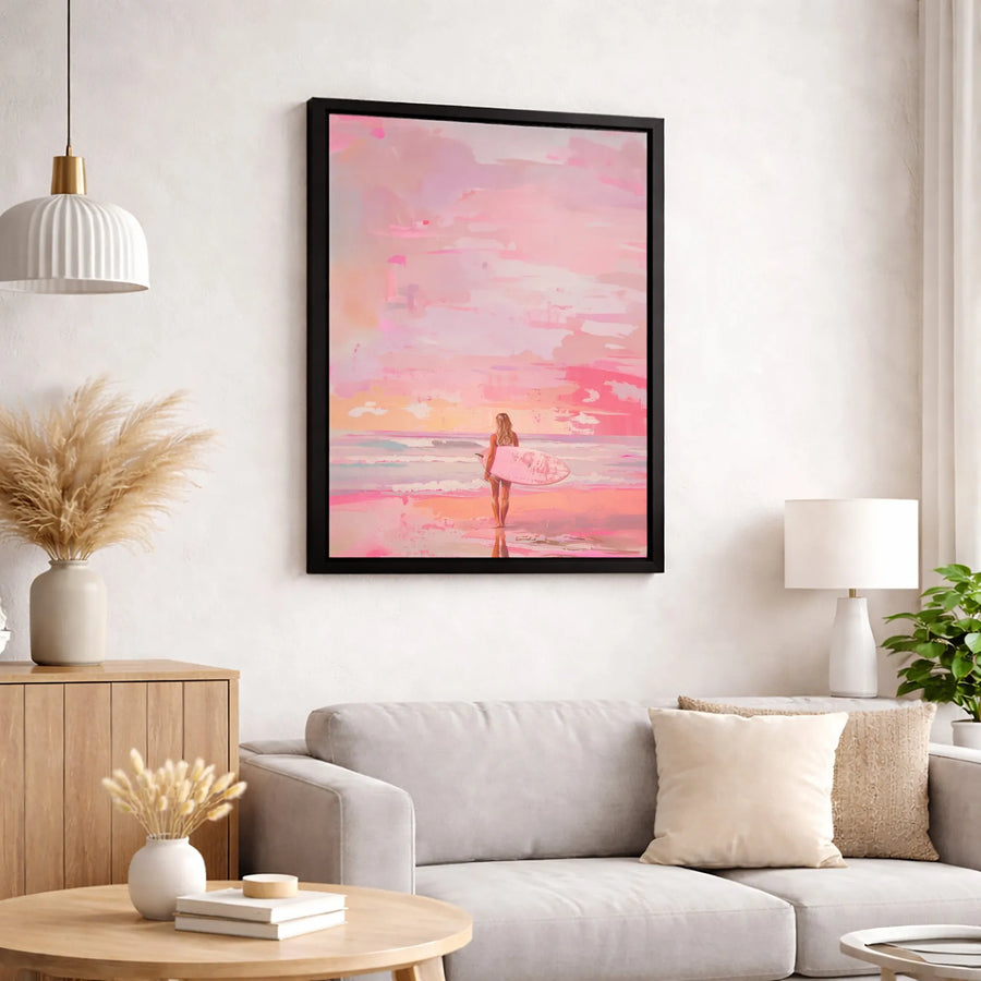 Surfer Girl Wall Art | Pink Beach Sunset Coastal Decor | Premium 1.25-Inch Gallery Wrapped Canvas | Aesthetic Gift for Surfers