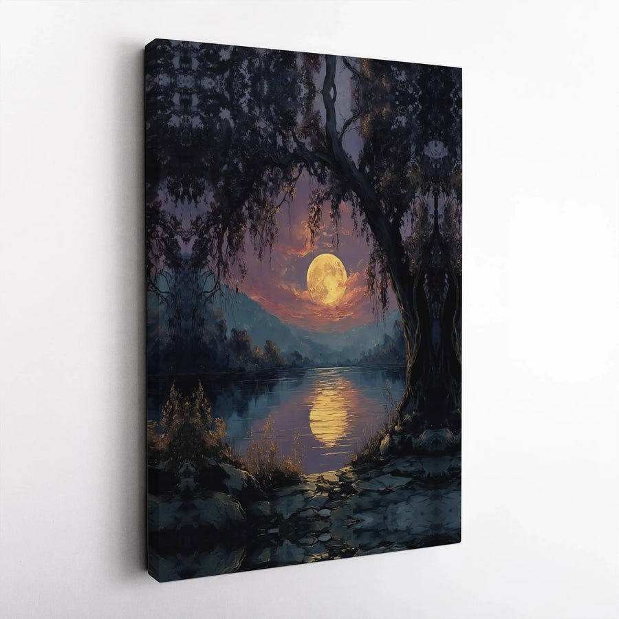 Full Moon Lake Canvas Wall Art | Atmospheric Night Sky Painting | Premium Fade-Resistant Print | Living Room Decor Gift for Nature Lover
