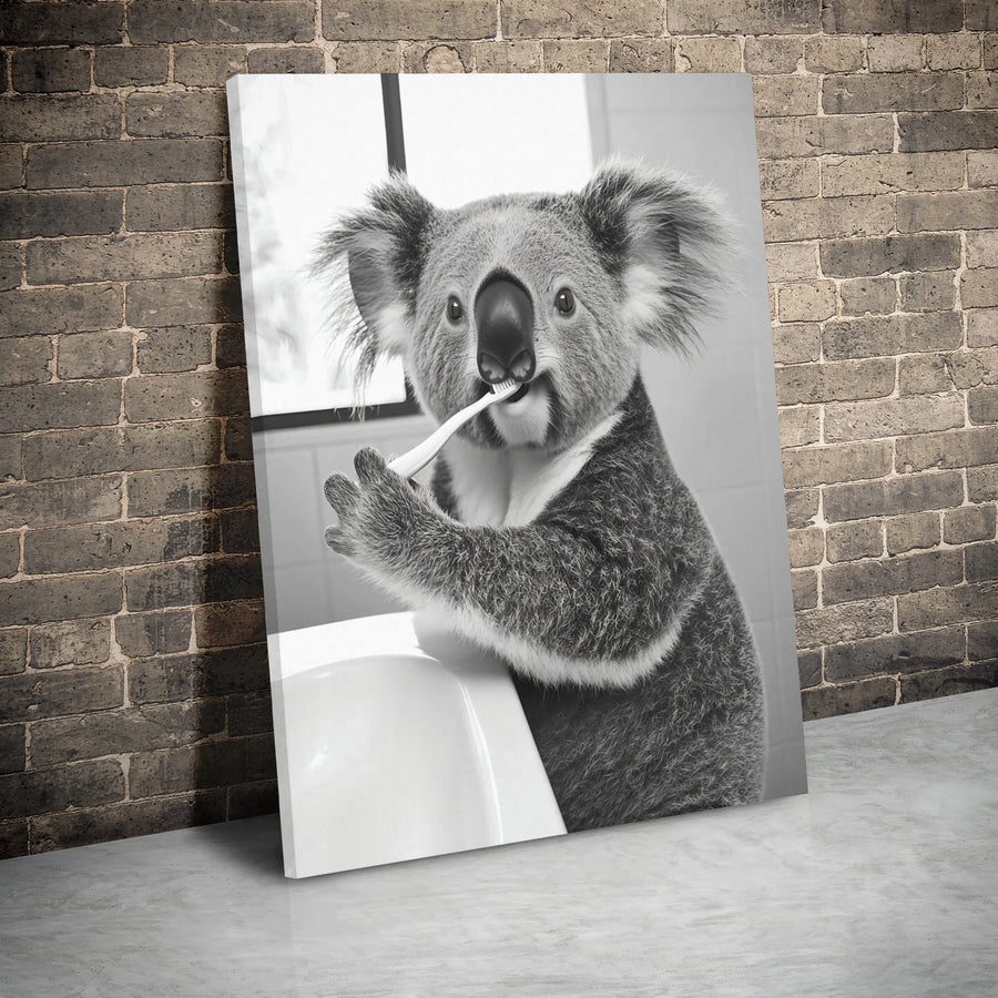 Koala Brushing Teeth Canvas Art | Funny Bathroom Animal Wall Decor | Premium Stretched Gallery Wrap | Whimsical Home Decor Gift