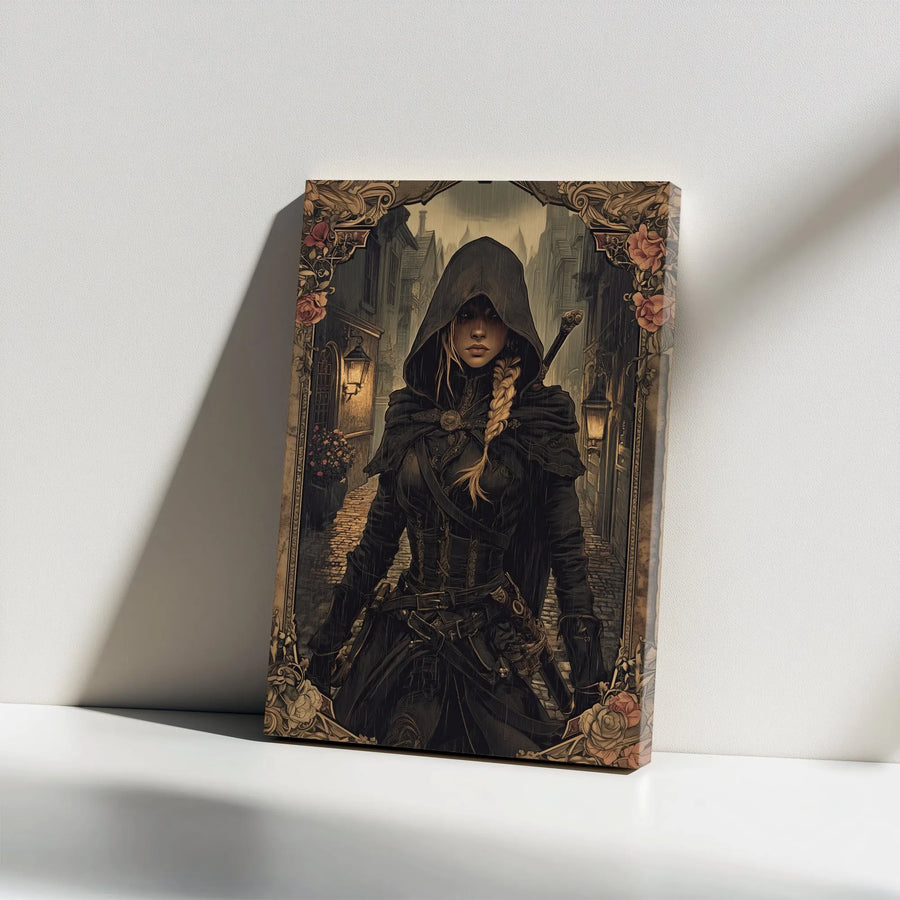 Fantasy Female Rogue Wall Art | Hooded Assassin Warrior In Floral Frame | Gallery Wrap Canvas Print | Gamer Room Decor & Gift
