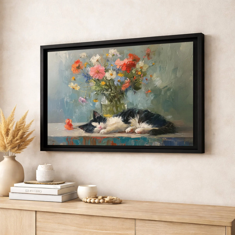 Sleeping Tuxedo Cat Wall Art | Impressionist Flower Bouquet Oil Painting Print | Gallery-Quality 1.25" Thick Canvas | Cozy Home Decor Gift for Cat Lovers