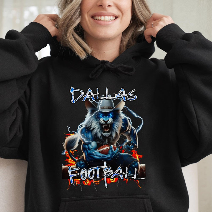 Dallas Football With Muscular Blue Lion Mascot In Cowboy Hat Holding A Football With Lightning Hoodie