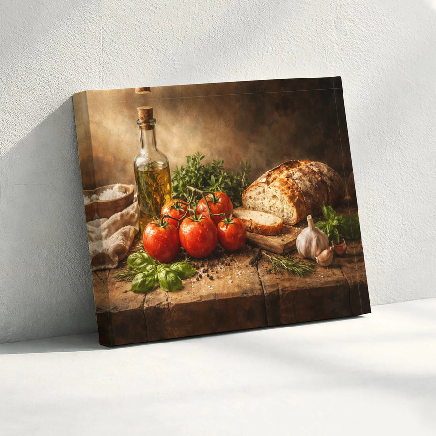 Rustic Kitchen Wall Art Canvas Print | Italian Food Still Life with Bread & Olive Oil | Gallery Quality Print | Farmhouse Dining Room Decor Gift